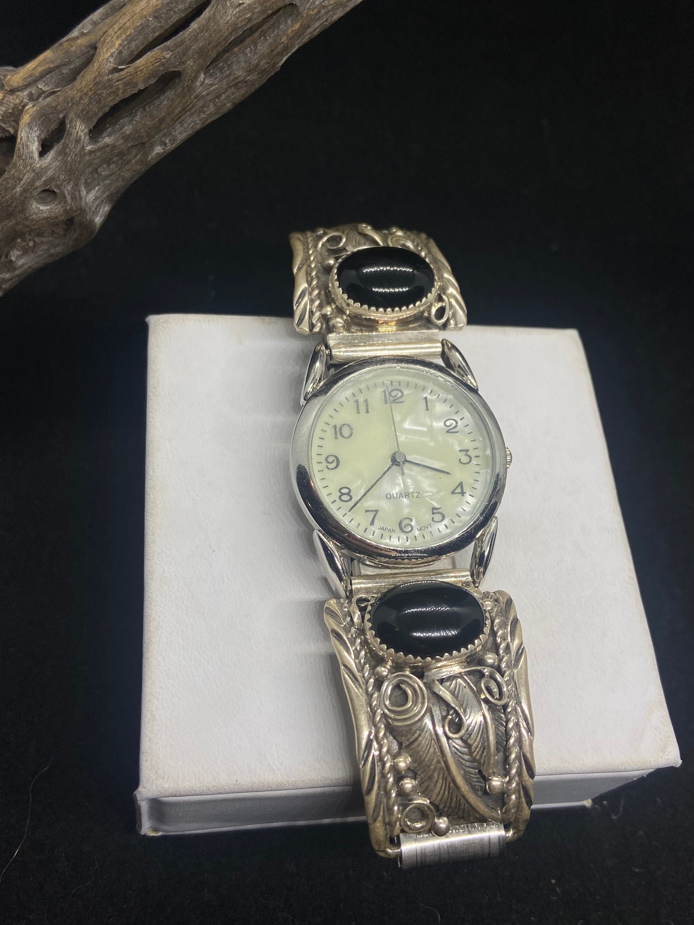 Navajo Quartz Watch with Black Onyx & Sterling Silver / gold Accents 49g Vintage Sterling Silver Black Onyx Watch Tips Navajo or  main image 2