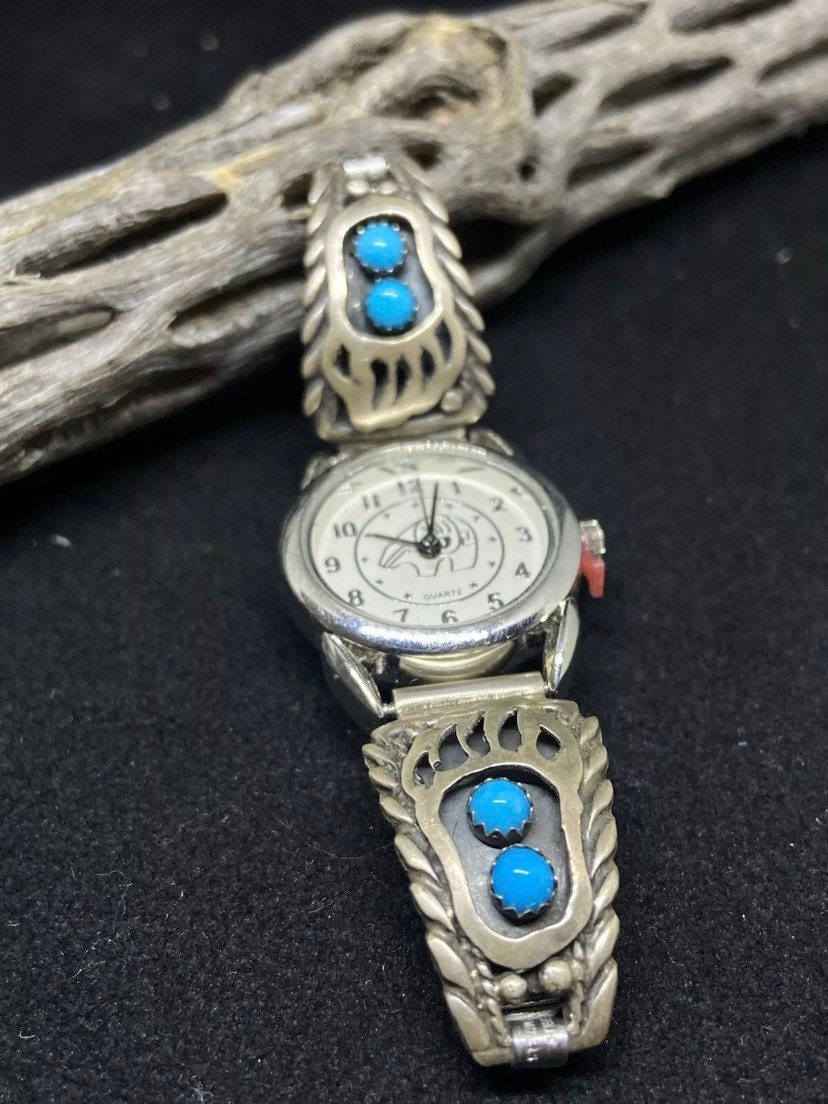 Vintage Inlayed Bear Watch Native American Handmade Vintage Zuni Native American Sterling Silver & Stainless  main image 3