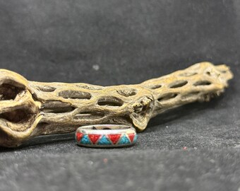 Handmade Native American Navajo chip inlay sleeping beauty turquoise & ox blood coral Sterling Silver band ring Size 11