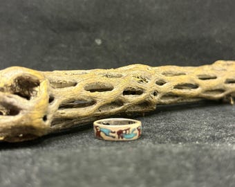 Handmade Native American Navajo chip inlay sleeping beauty turquoise & ox blood coral Sterling silver kokopelli band ring Size 5