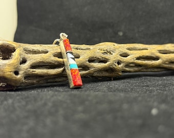 Handmade Native American Zuni Inlay Multi color red fire opal, turquoise, mother of pearl & jet Sterling Silver Pendant stamped and signed