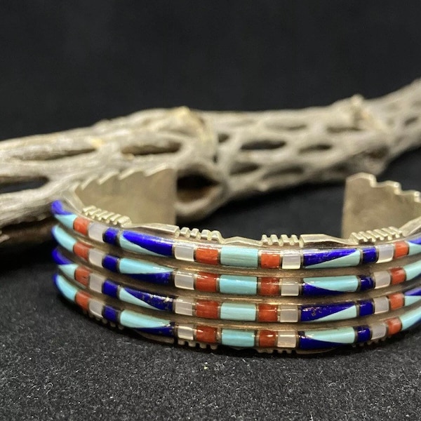Handmade Native American Zuni inlay lapis lazuli, sleeping beauty turquoise, coral & mother of Pearl sterling silver buff bracelet
