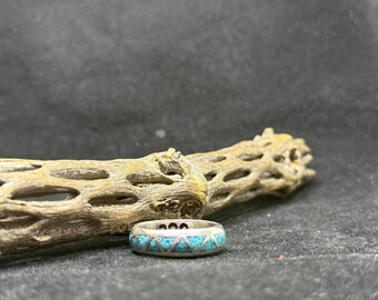 Handmade Native American Navajo chip inlay sleeping beauty turquoise Sterling Silver band ring Size 11