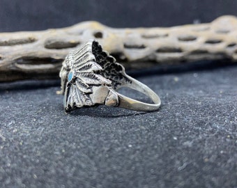 Handmade Native American Navajo Chip Inlay sleeping beauty Turquoise  Sterling Silver Chief Head Ring Size 15