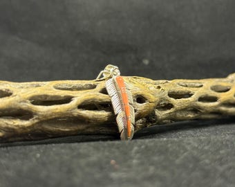 Handmade Native American Navajo inlay pink coral feather Sterling silver Necklace / pendant stamped sterling