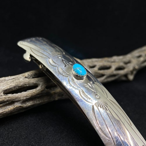 Handmade Native shops American Navajo King man Turquoise Sterling Silver Hair Barrette signed & stamped