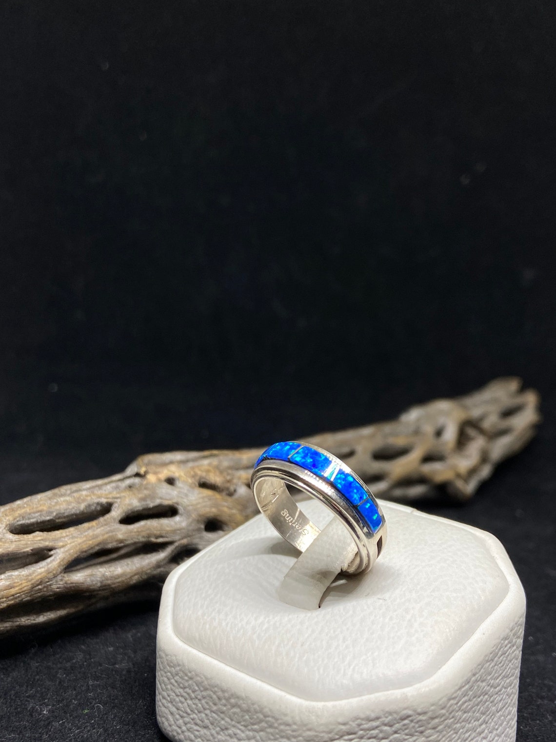 Indian Blue Rings Handmade Native American Zuni Inlay Blue Fire Opal Sterling Silver Band ...