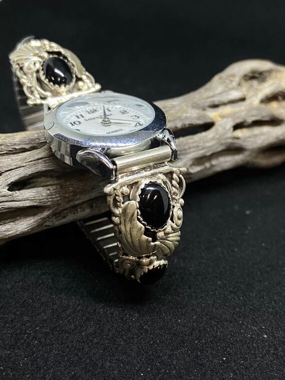 Navajo black onyx watch Handsome Sterling Navajo Black Onyx Gold Silver Mens Watch 24501 main image 4