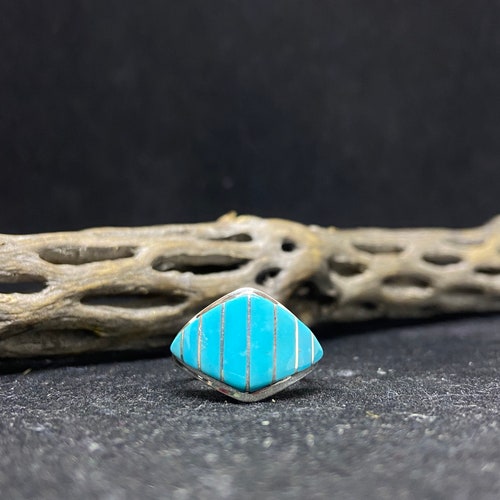 Handmade Native American Zuni inlay shops sleeping beauty turquoise Sterling Silver ring size 7.75 stamped
