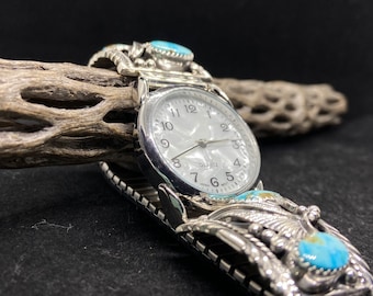 Handmade Native American Navajo Sonoran gold Turquoise Sterling silver leaf Men’s Watch / watchband