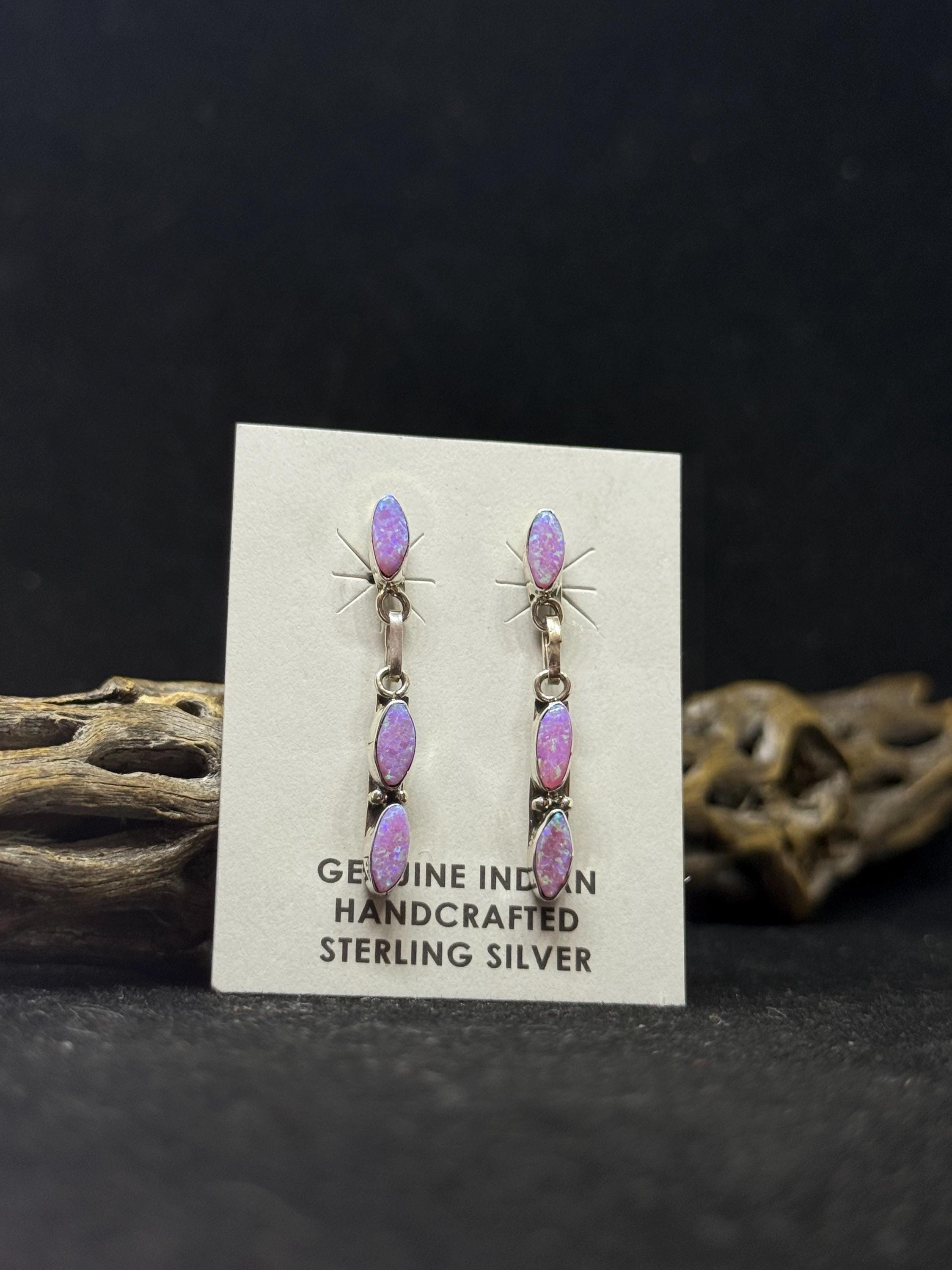 Handmade Native American Zuni pink fire opal Sterling silver Dangle Earrings stamped sterling & signed by artist