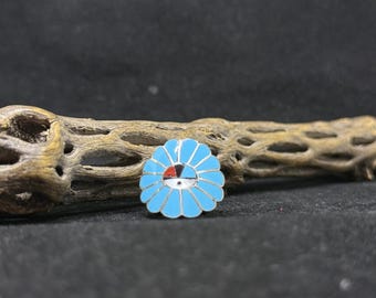 Handmade Native American inlay zuni Sun face turquoise, jet, coral & mother of pearl Sterling Silver Ring Size 6.5 stamped and signed