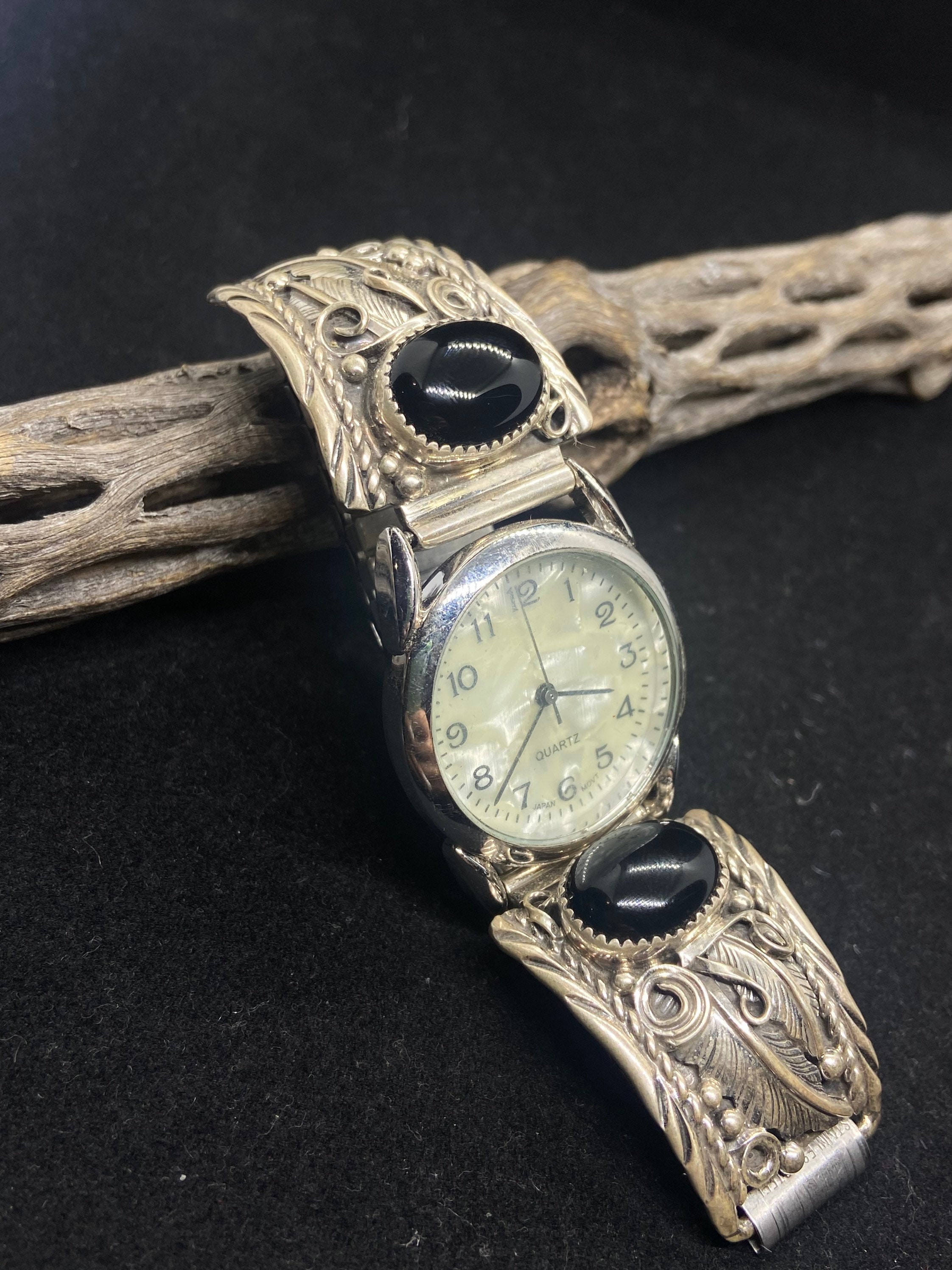 Handmade Native American Navajo Black Onyx Leaf Sterling 