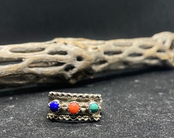 Handmade Native American Navajo sleeping beauty Turquoise, ox blood coral & lapis lazuli Sterling Silver Ring Size 9.5