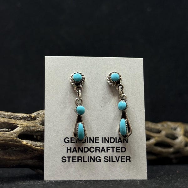 Handmade Native American Zuni sleeping beauty Sterling Silver dangle Earrings stamped