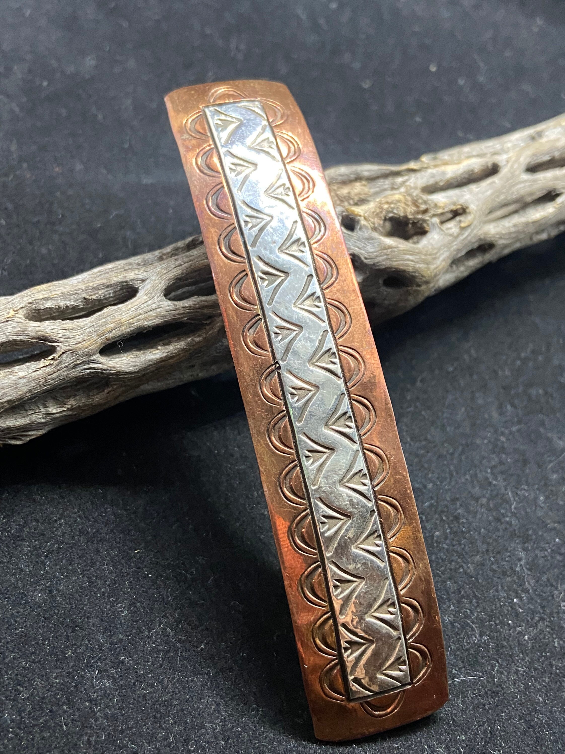 Vintage Native American Style Copper Barrette With Stamped Design Vintage Navajo 1970s Copper Hair Barette Native American  main image 3