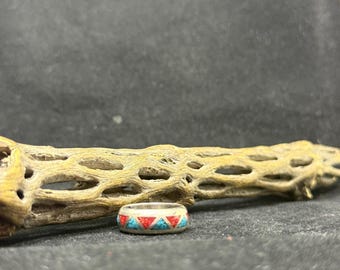 Handmade Native American Navajo chip inlay sleeping beauty turquoise & ox blood coral Sterling Silver band ring Size 6