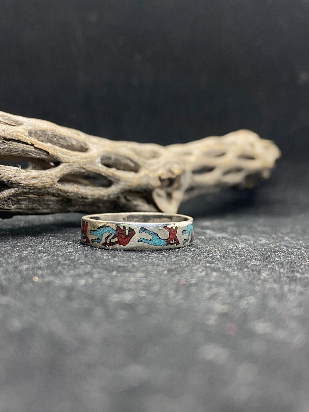 Handmade Native American Navajo Chip Inlay Sleeping Beauty Turquoise & Ox Blood Coral Sterling