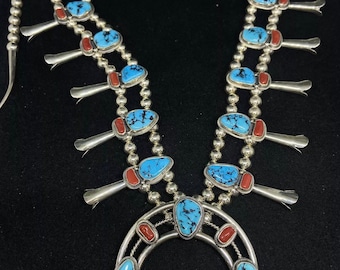 Handmade Native American Navajo Kingman Turquoise & ox blood Coral Sterling Silver Squash Blossom
