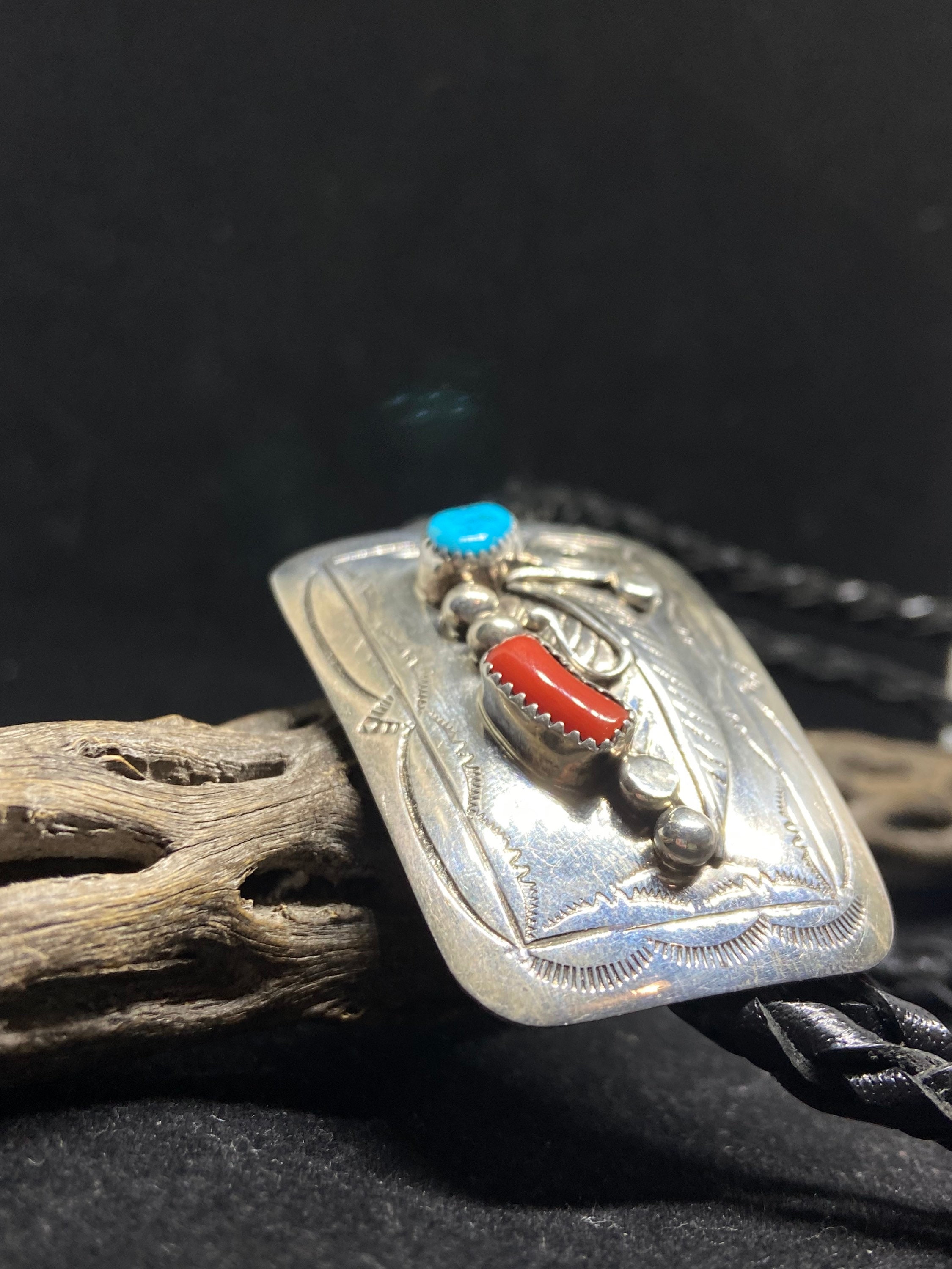 Handmade Native American Navajo Kingman Turquoise & Ox blood Coral Sterling Silver Leaf Bolo Tie signed and stamped