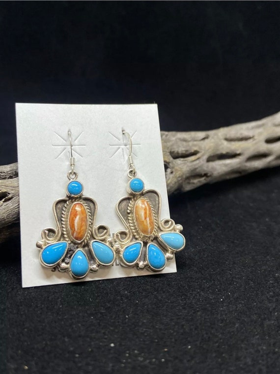 Beaded Earrings with Spiny Oyster Shell, Turquoise, and Silver