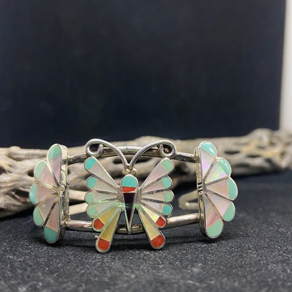 Native American Zuni Inlay butterfly multi stone sleeping beauty turquoise, pink mussel shell & ox blood coral sterling silver cuff Bracelet