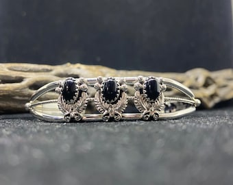 Handmade Native American Navajo black onyx sterling silver leaf cuff bracelet signed & stamped