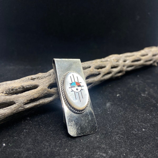 Handmade Native American Zuni inlay Mother of pearl Zuni sun face Zia symbol sterling silver money clip signed & stamped