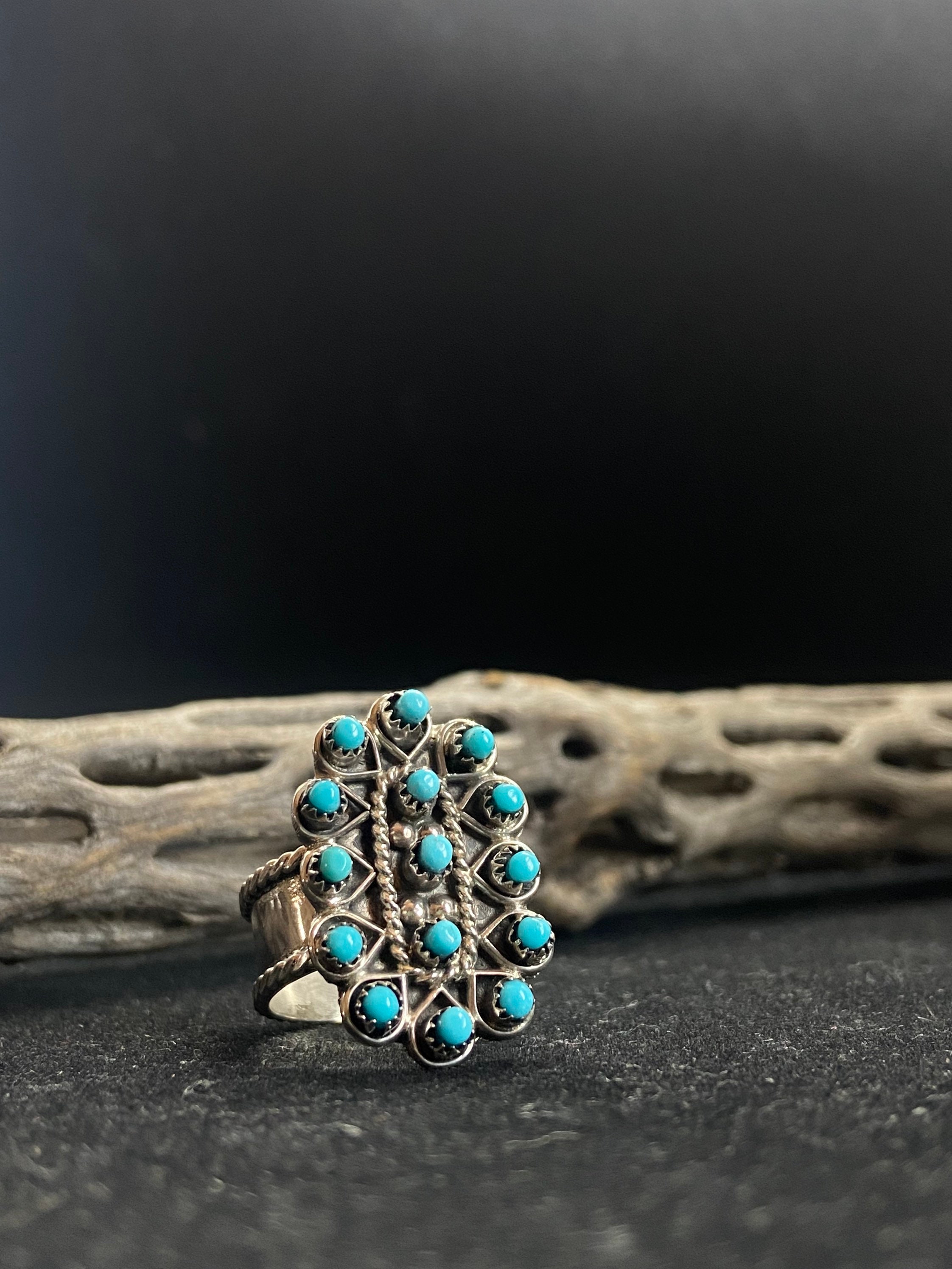 Handmade Native American Zuni snake eye sleeping beauty turquoise Sterling Silver Ring Size 7.5