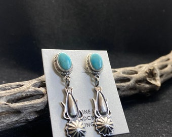 Handmade Native American Navajo sleeping beauty turquoise Sterling Silver Dangle Earrings
