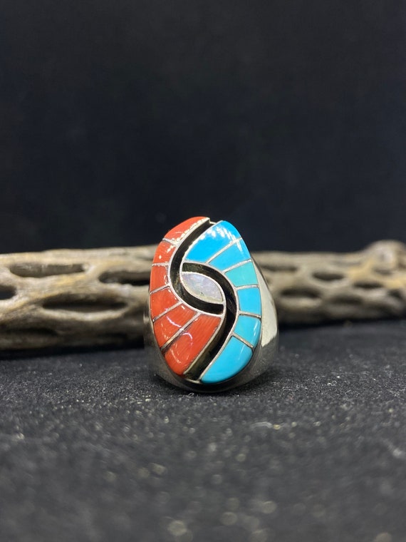 Important Inlay Master Native American Zuni Donald Duck Turquoise Sterling Silver Ring Important Inlay Master Native American Zuni Donald Duck Turquoise Sterling Silver Ring