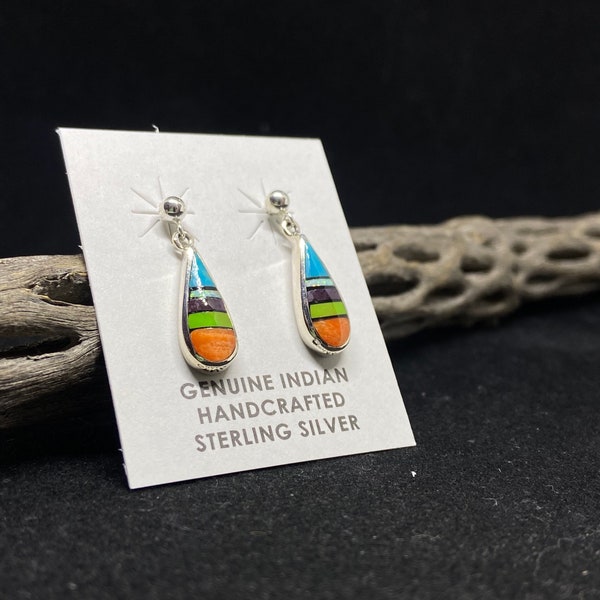 Native American Navajo Inlay multi stone / multi color turquoise, opal, Sugilite & jet Sterling silver post dangle Earrings by Rick tolino