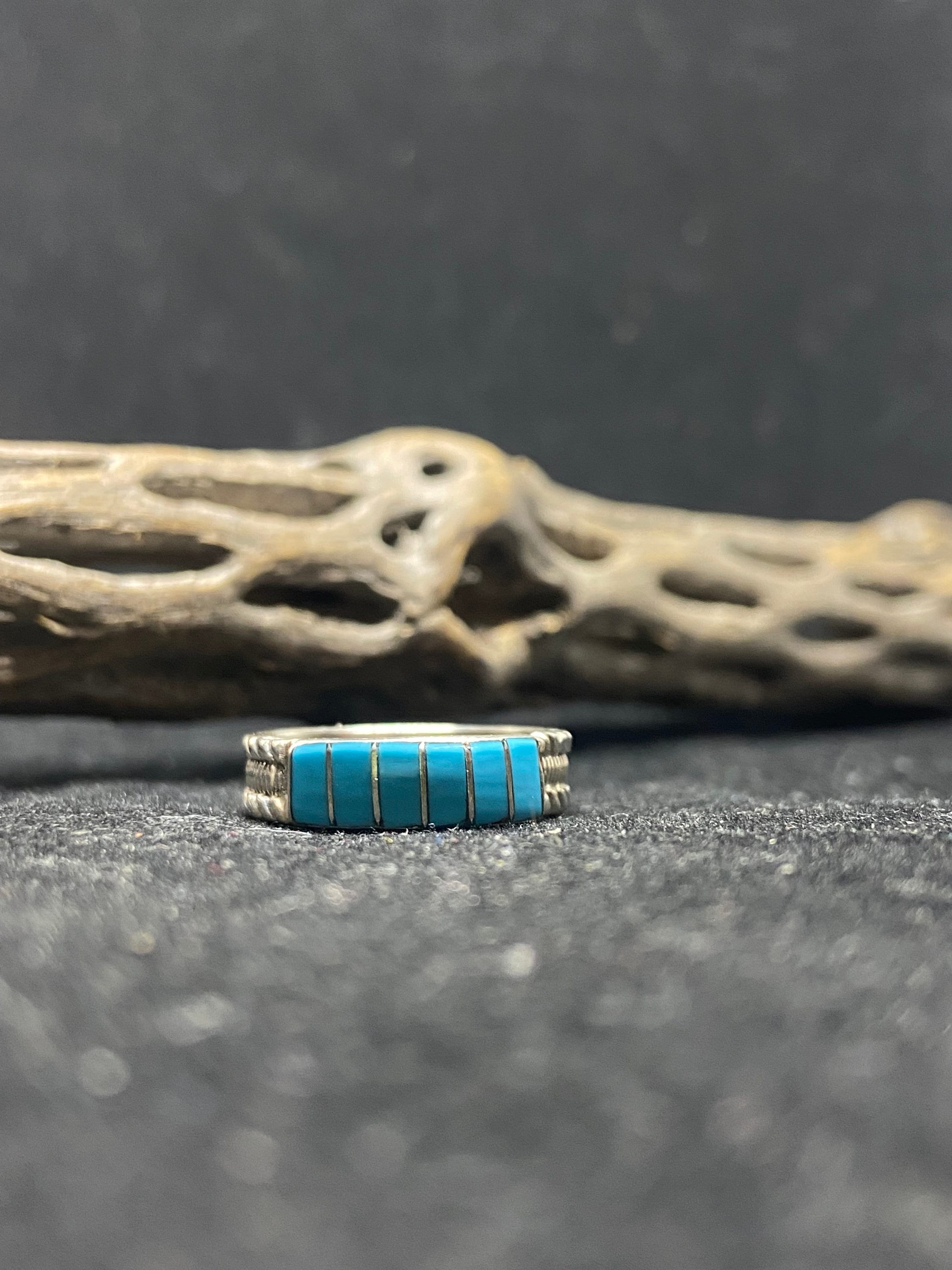 Handmade Native American Zuni inlay sleeping beauty turquoise Sterling Silver ring size 7.75 stamped & signed