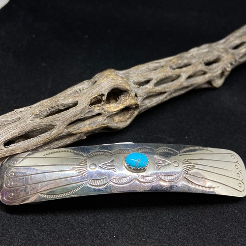 Handmade Native shops American Navajo King man Turquoise Sterling Silver Hair Barrette signed & stamped