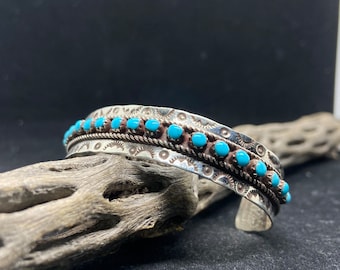 Handmade Native American Zuni sleeping beauty turquoise sterling silver cuff Bracelet signed & stamped