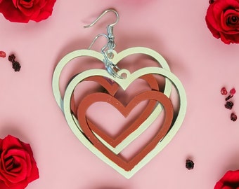 Handcrafted Wooden Two-Color Heart Earrings: Nested Heart Design