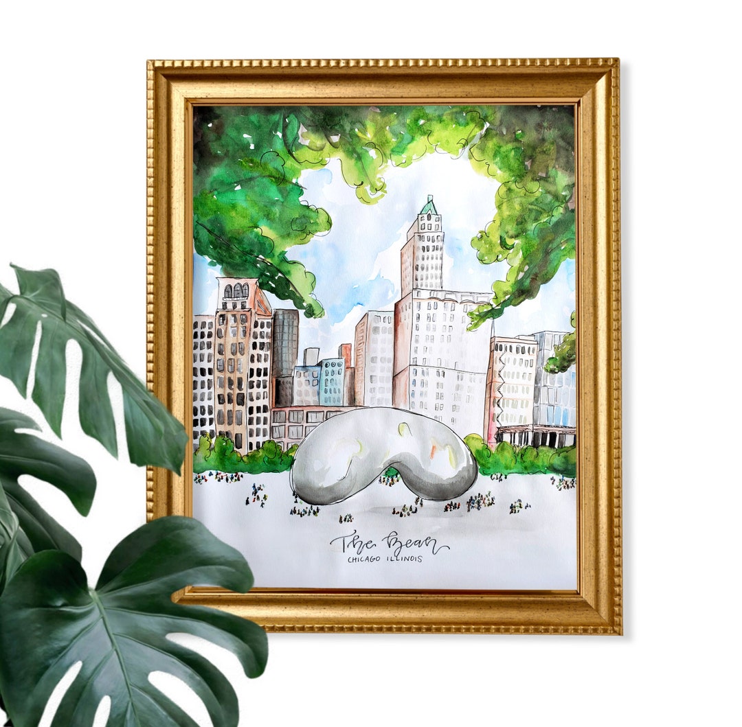 Chicago Bean Wall Art Print Chicago Illinois Watercolor Art Print Windy