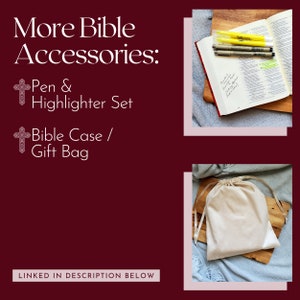 May include: A set of Bible accessories including a pen and highlighter set, and a beige fabric Bible case or gift bag. The text "More Bible Accessories: Pen & Highlighter Set Bible Case / Gift Bag" is displayed on a burgundy background.