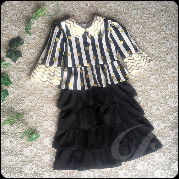 BLACK DRESS For Girls Ruffled Skirt Gold and Black Modest | Etsy