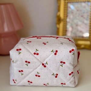 Cute Quilted Makeup Bag with Cherries – Cute Cosmetic Pouch, Handmade Toiletry Organizer, Gift for Her, Boxy Bag