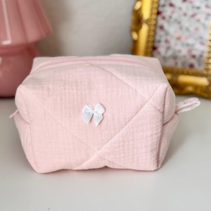 Girly Pink Quilted Makeup Bag with Bow – Cute Cosmetic Pouch, Handmade Toiletry Organizer, Gift for Her