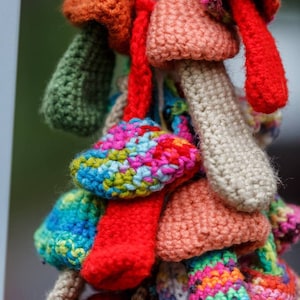 May include: A collection of crocheted mushrooms in various colors, including red, green, blue, pink, and white. The mushrooms are all different sizes and shapes, and they are hanging from a string.