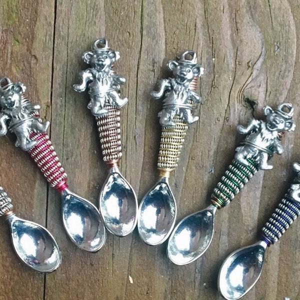 Mini Spoon Pendant - Dancing Bear, Silver Coiled + Pick A Color