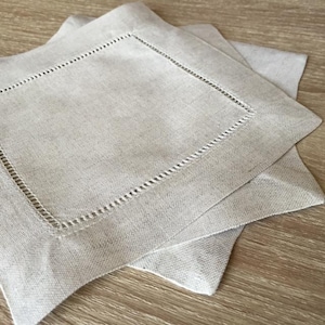 10 - 6&quot; Natural Rustic Hemstitch 100% Linen Cocktail Napkins Linen - Beverage Napkins - Embroidery Monogram Supplies - 6&quot; x 6&quot;