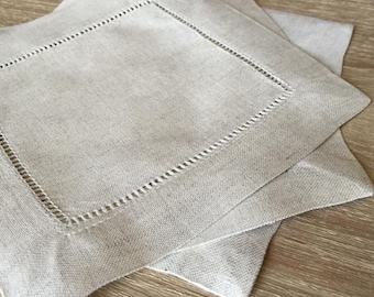 10 - 6" Natural Rustic Hemstitch 100% Linen Cocktail Napkins Linen - Beverage Napkins - Embroidery Monogram Supplies - 6" x 6"