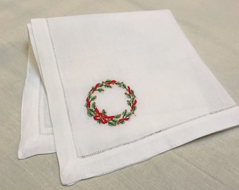 22 Inch White Ivory Embroidered Evergreen Christmas Hemstitch Linen Cloth Napkin Set of 4