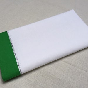 22 Inch Sq White Green Border Christmas Hemstitch Linen Cloth Napkin Set of 4