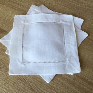 10 - 6&quot; White Hemstitch 100% Linen Cocktail Napkins Linen - Beverage Napkins - Embroidery Monogram Supplies - 6&quot; x 6&quot;