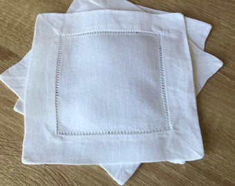 10 - 6" White Hemstitch 100% Linen Cocktail Napkins Linen - Beverage Napkins - Embroidery Monogram Supplies - 6" x 6"