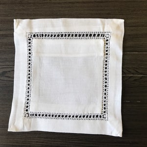 12 - 6&quot; White Hemstitch 100% Linen Cocktail Napkins Linen - Beverage Napkins - Embroidery Monogram Supplies - 6&quot; x 6&quot; - Set of 12